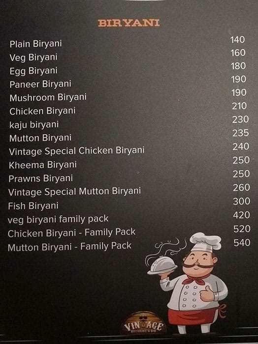 Menu of The Vintage Restaurant & Bar, RTC X roads, Hyderabad