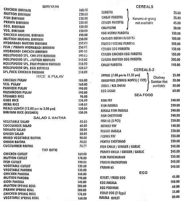 Hotel Hollywood menu