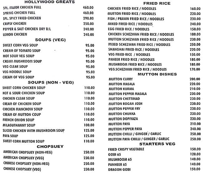Hotel Hollywood menu