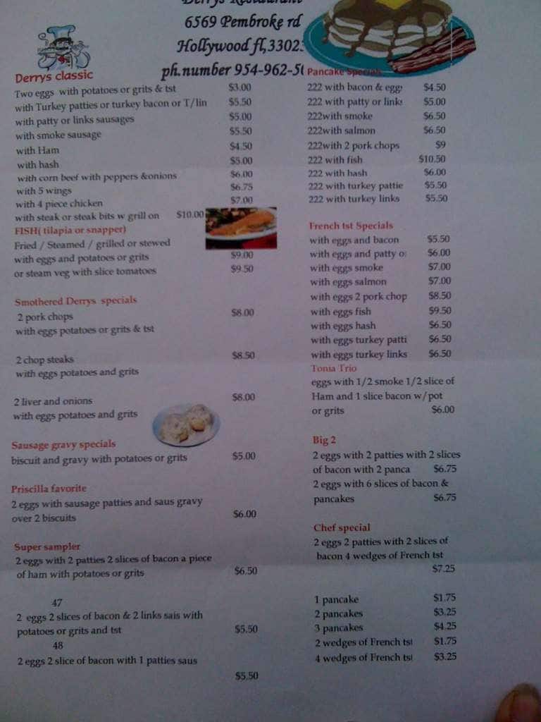 Menu at Derry's Family Restaurant, Hollywood