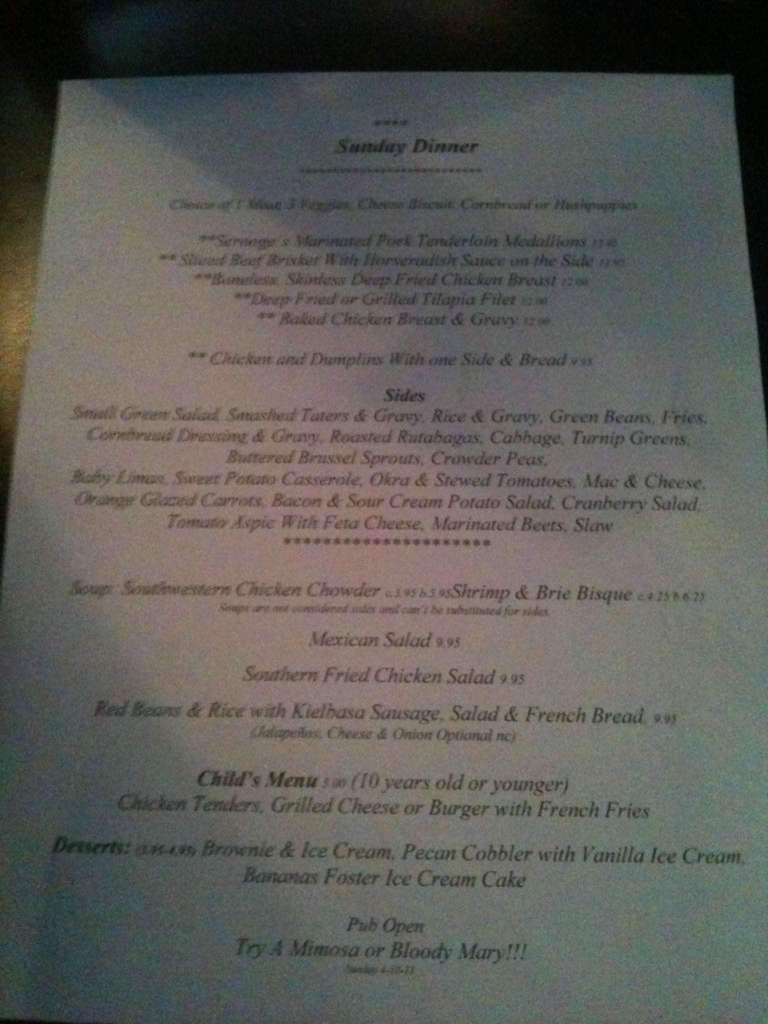 Menu at Scrooge's Fine Foods & Drink restaurant, Jackson