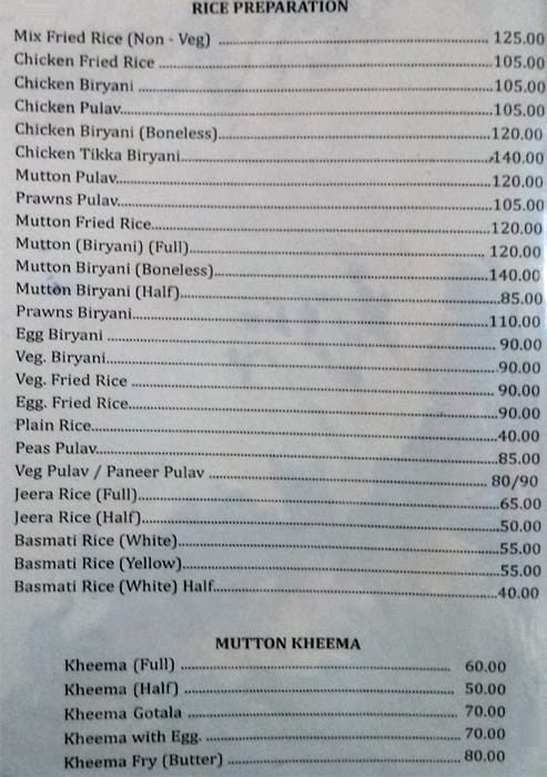 Kalpana Restaurant menu