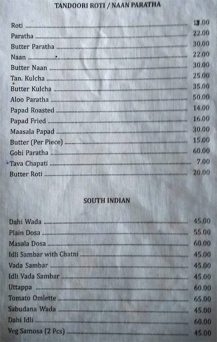 Kalpana Restaurant menu