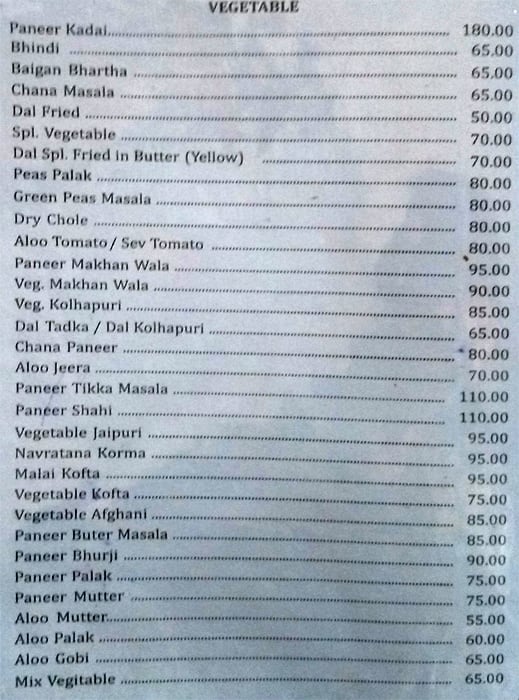 Kalpana Restaurant menu