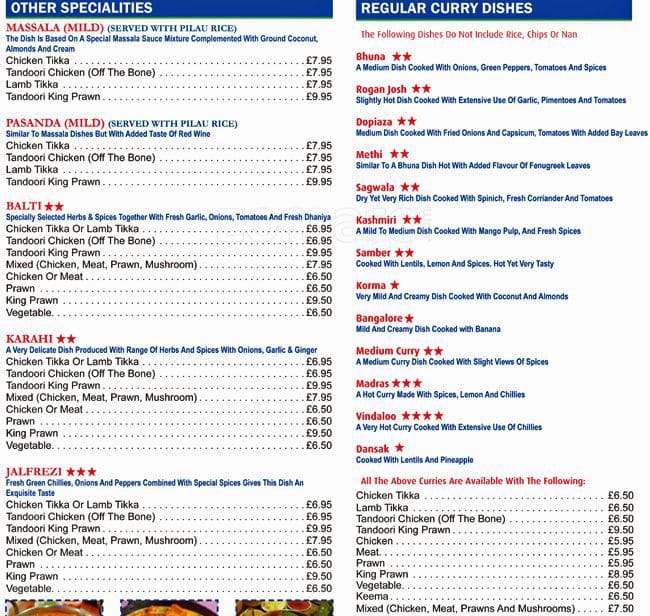 Menu at Bilash Balti House restaurant, Manchester