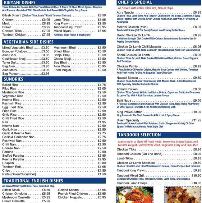Menu at Bilash Balti House restaurant, Manchester