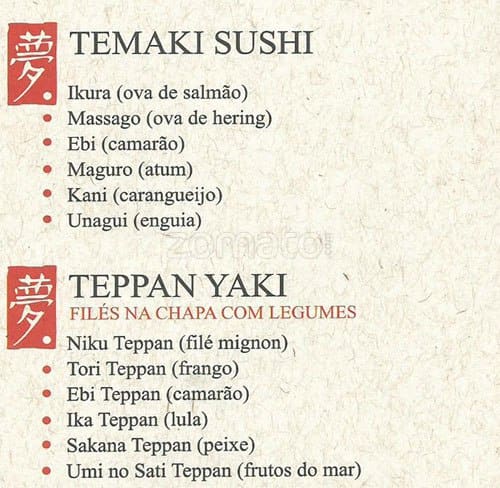 Yumê Shinzan cardápio