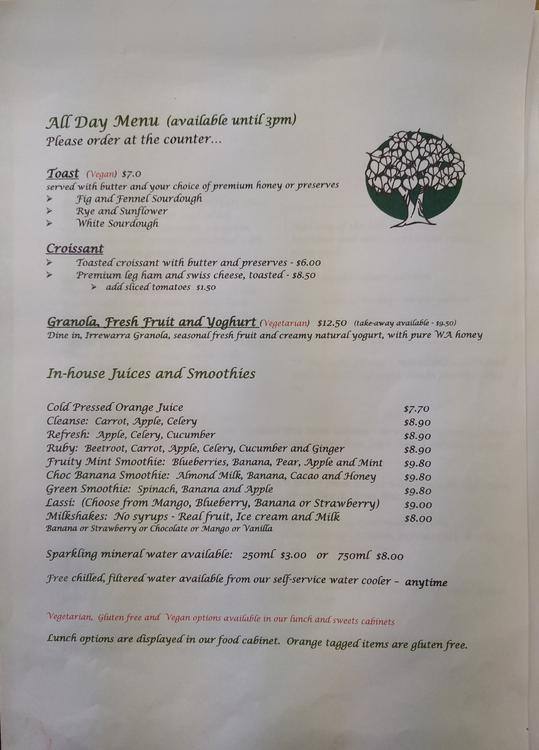 Menu at The Bodhi Tree cafe, Mount Hawthorn