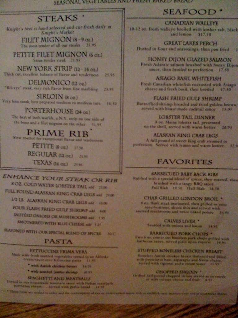 Menu at Knight's Steakhouse, Ann Arbor, Dexter Ave