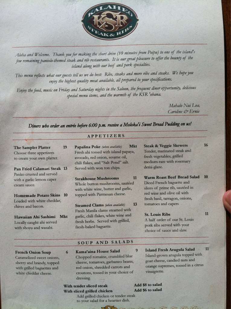 Kalaheo Steak and Ribs Menu, Menu for Kalaheo Steak and Ribs, Kalaheo, Rest of Hawaii