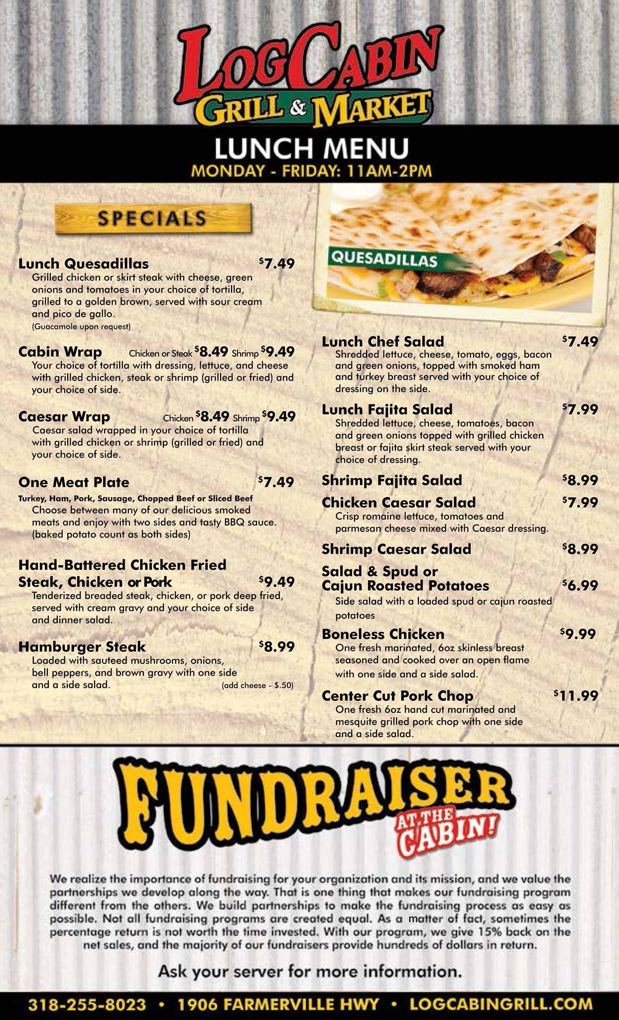 Menu at log cabin grill market bbq ruston