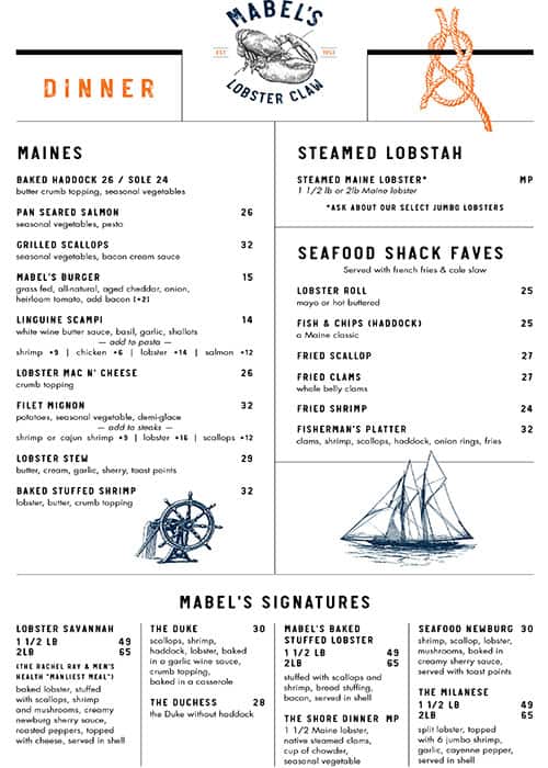 Menu at Mabels Lobster Claw restaurant, Kennebunkport, 124 Ocean Ave