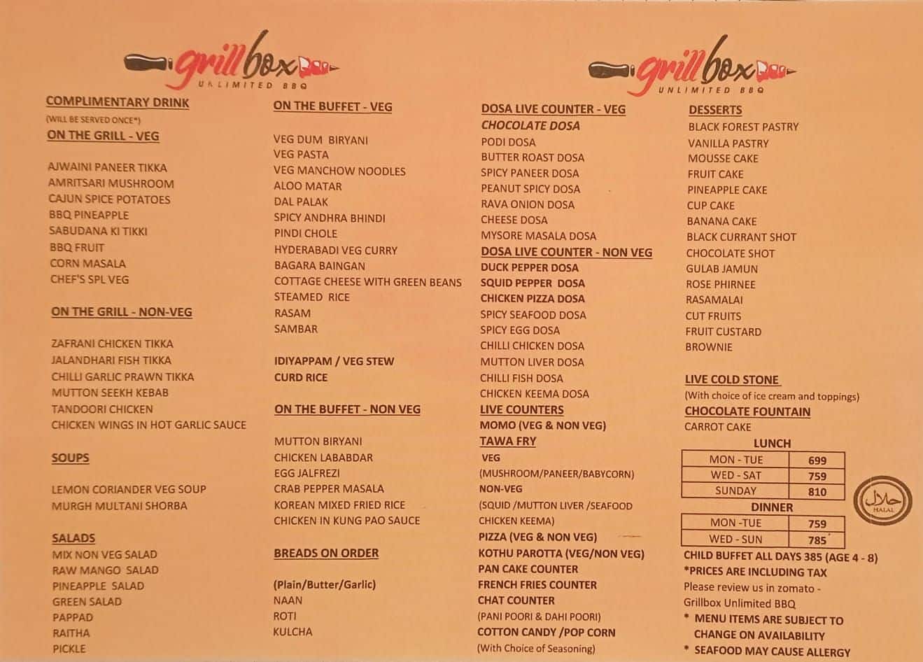 Menu of Grill Box Unlimited BBQ, Mylapore, Chennai