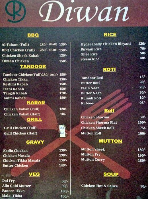 Diwan Menu, Menu for Diwan, BTM, Bangalore Zomato