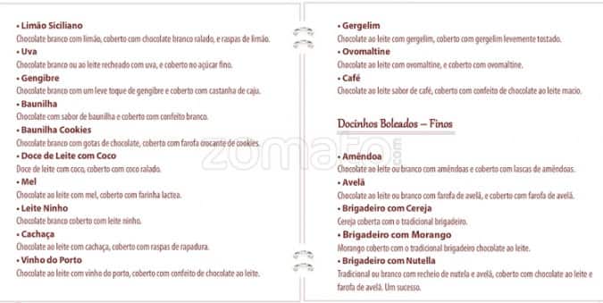 Atelier Brigadeiro Carioca cardápio