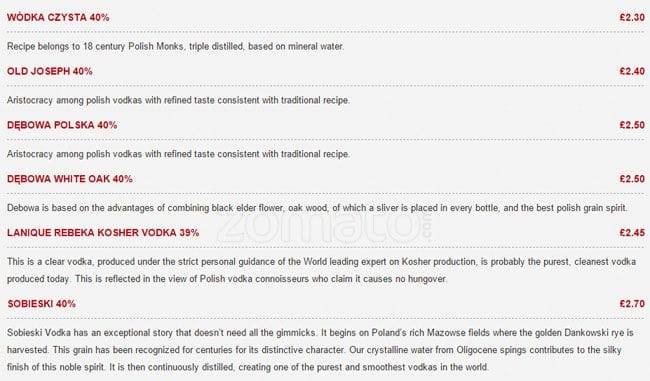 Secret Arcade Vodka Bar menu