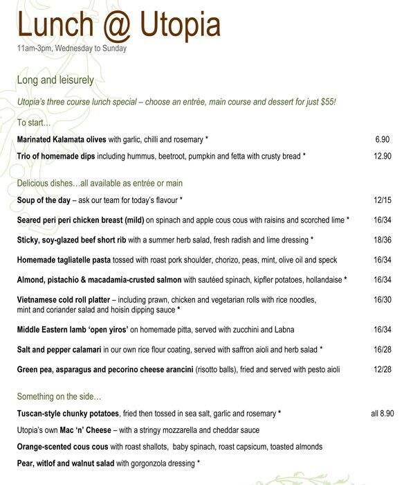 Menu at Utopia restaurant, Waterfall Gully