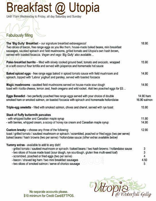 Menu at Utopia restaurant, Waterfall Gully