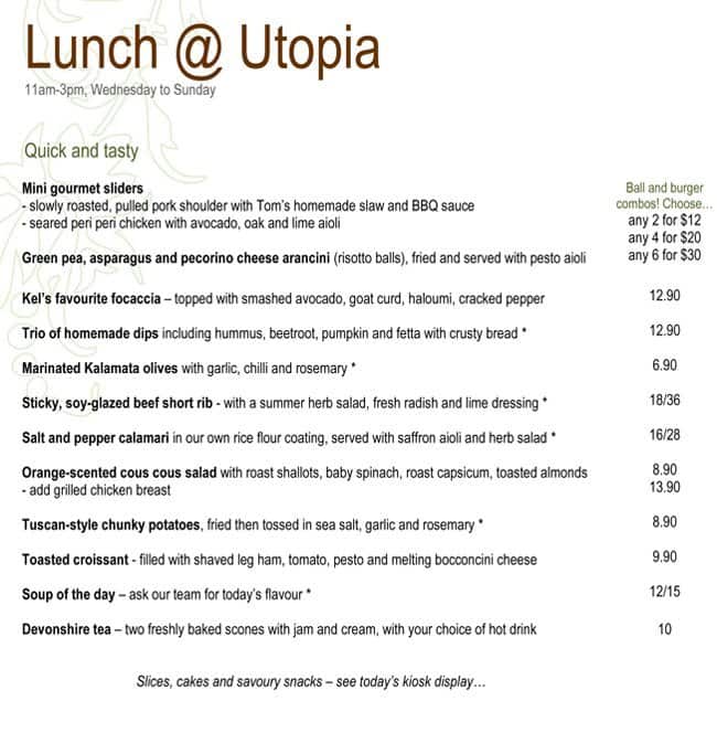 Menu at Utopia restaurant, Waterfall Gully