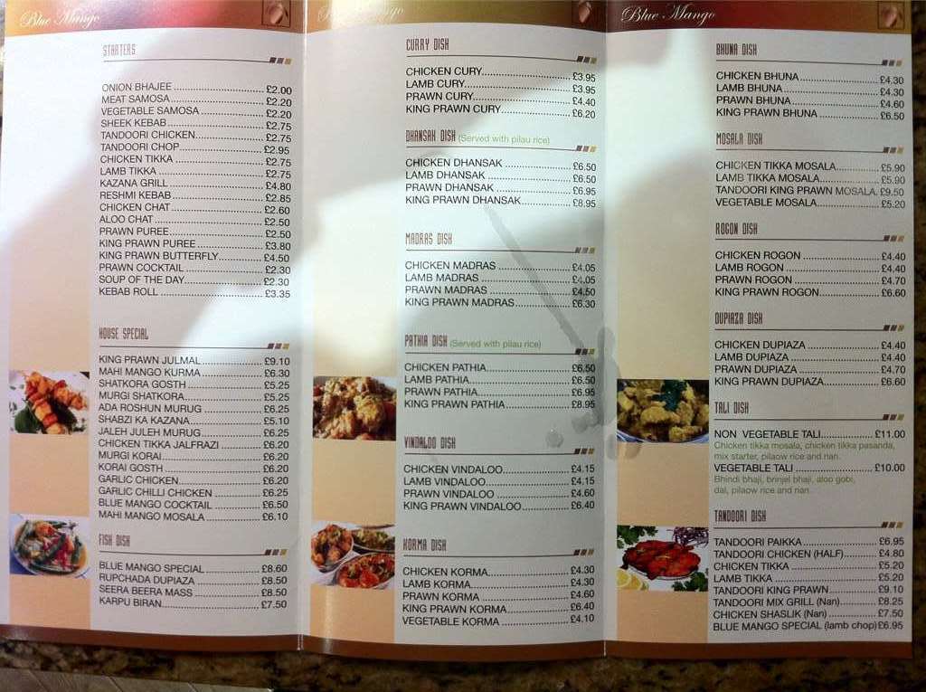 Menu at Blue Mango restaurant, South Ockendon