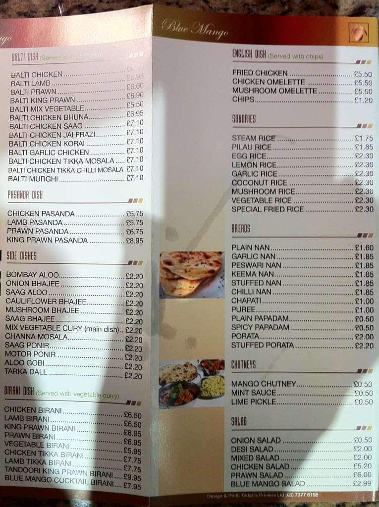 Menu at Blue Mango restaurant, South Ockendon