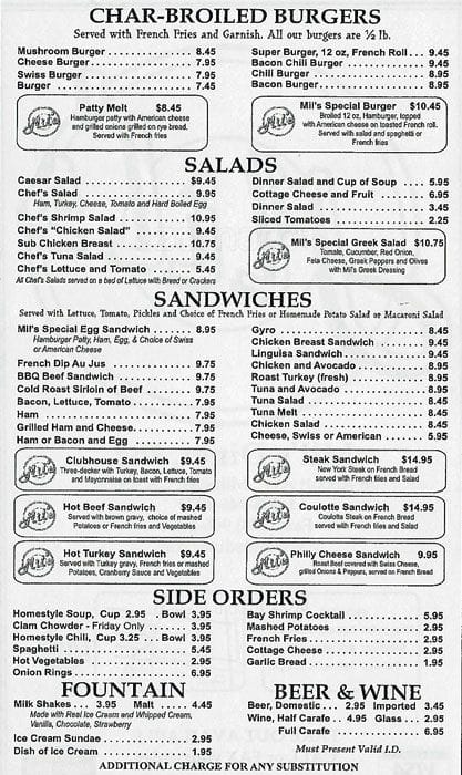 Menu at Mil's Diner restaurant, Milpitas