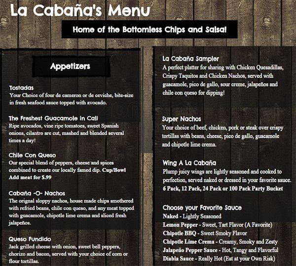 La Cabana Restaurant Menu Menu V Restauracii La Cabana Restaurant Suisun City Suisun City