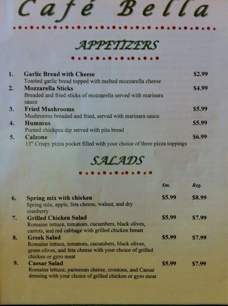 Cafe Bella menu