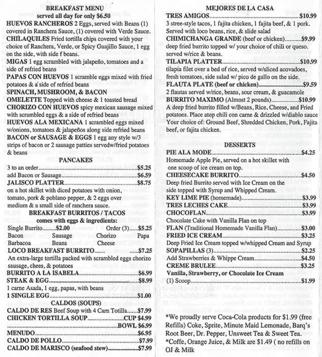 Menu at Cafe Plato Loco, Cedar Hill