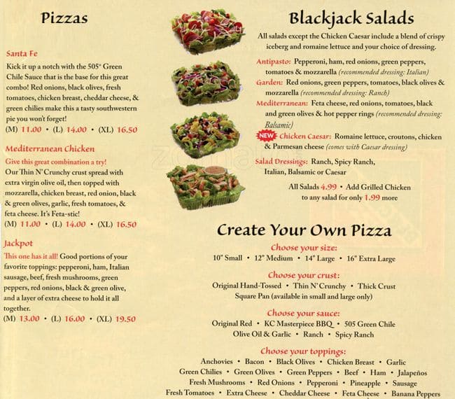 Blackjack Pizza Menu