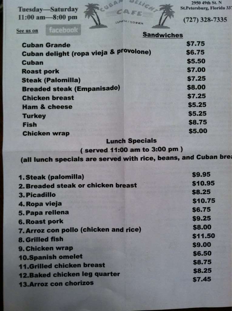 Cuban Delight Cafe Menu, Menu for Cuban Delight Cafe, Disston Heights