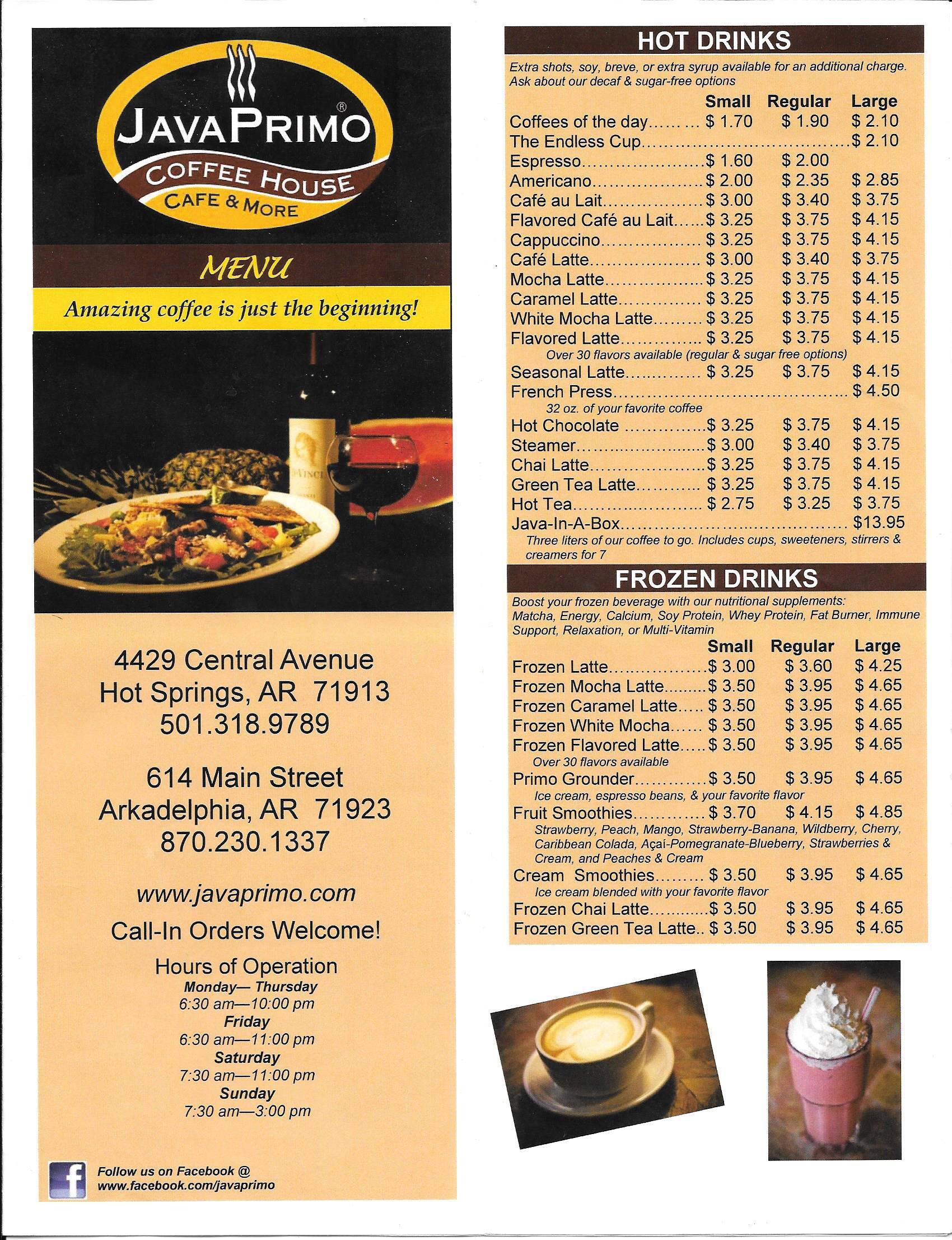 Java Springs Coffee Menu Menu at JavaPrimo Coffee House, Cafe & More - HOT SPRINGS, Hot Springs