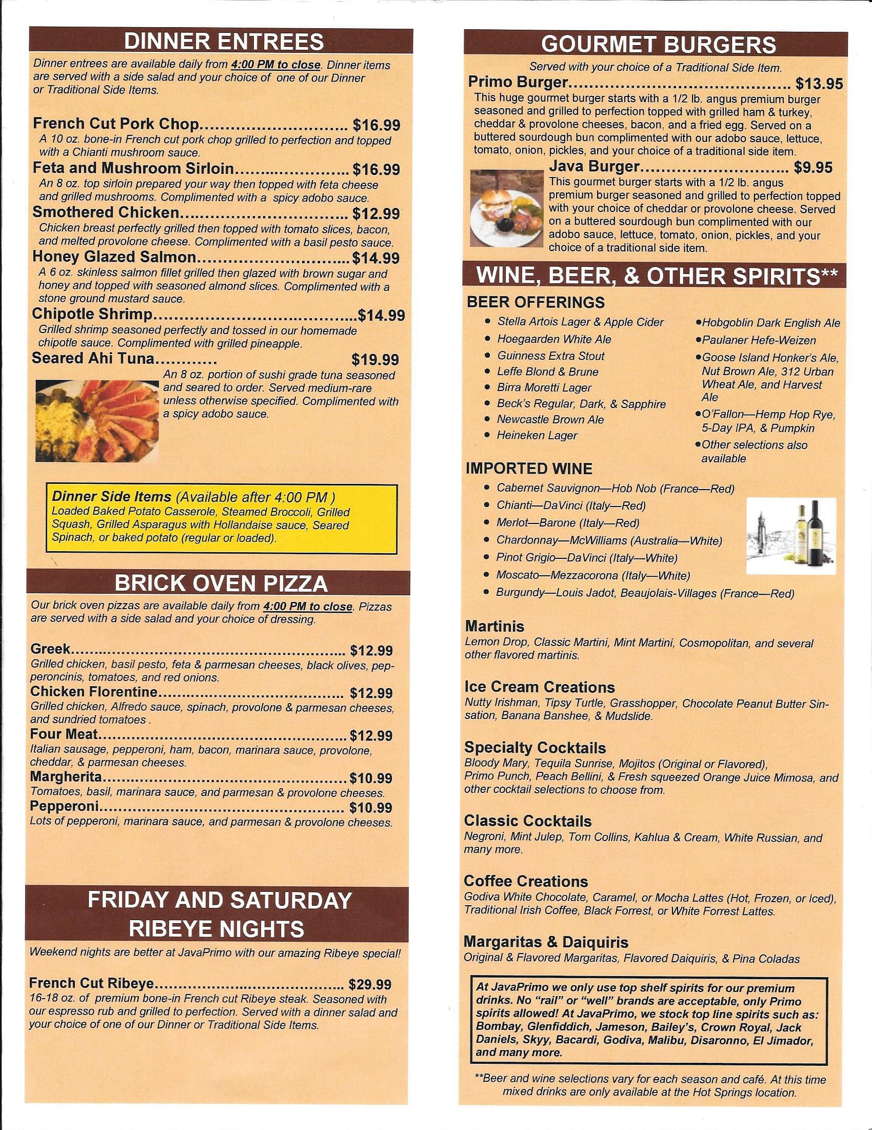 Menu at JavaPrimo Coffee House, Cafe & More HOT SPRINGS, Hot Springs