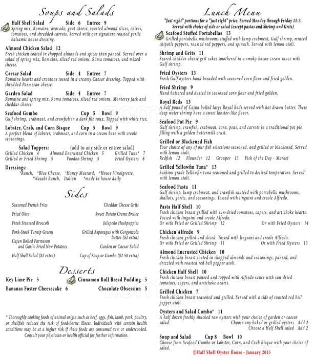 Menu at Half Shell Oyster House restaurant, Flowood