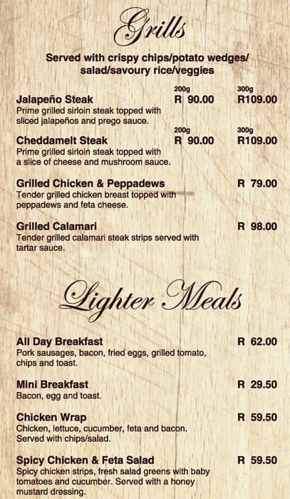 Menu at The Happy Oak restaurant, Stellenbosch