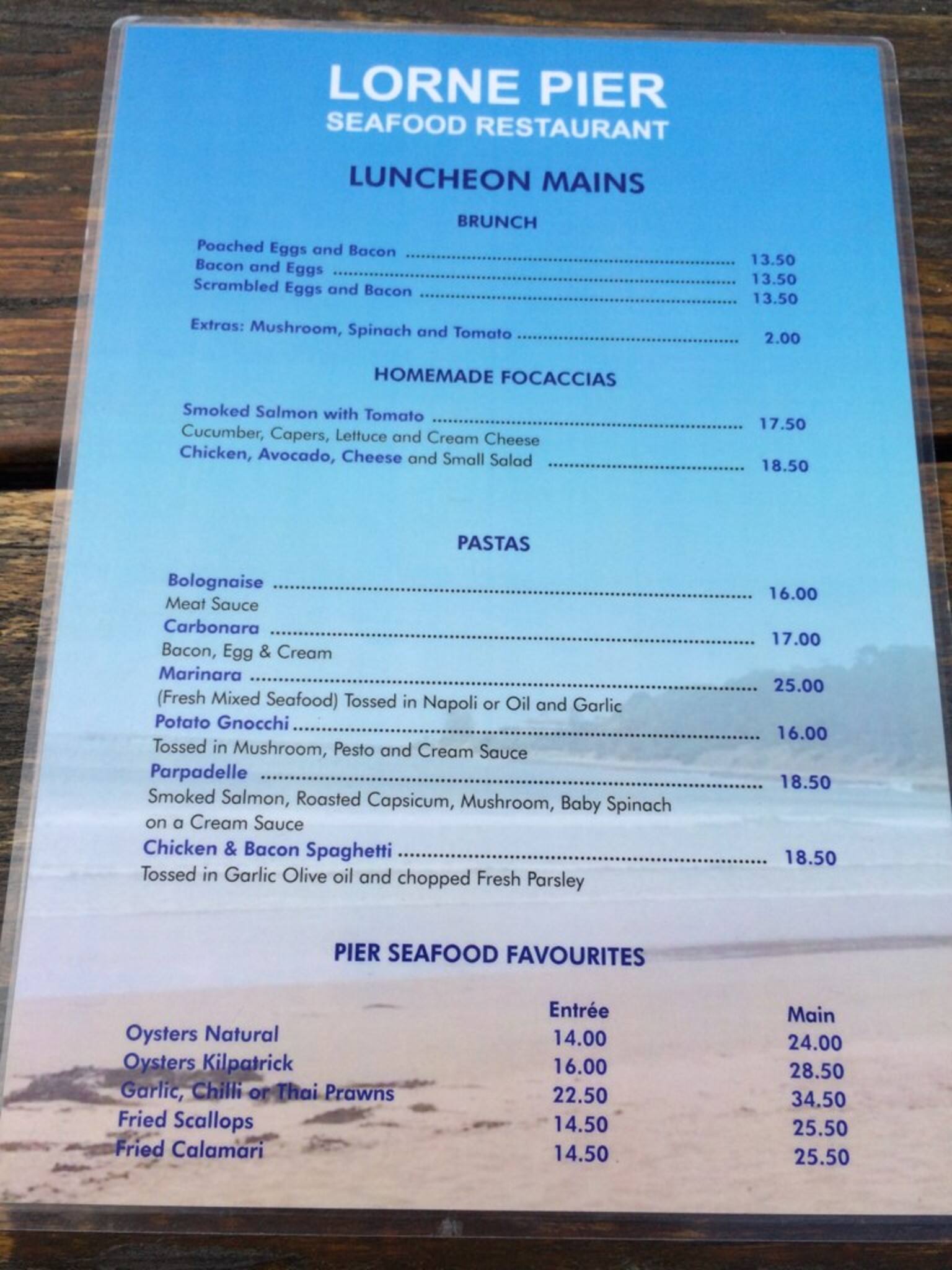 Menu at The Lorne Pier Seafood Restaurant, Lorne