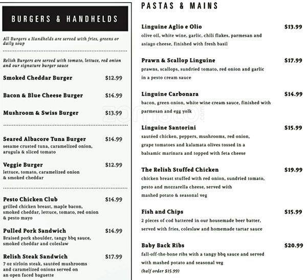 Relish Gastropub & Bar Menu, Menu for Relish Gastropub & Bar, Downtown