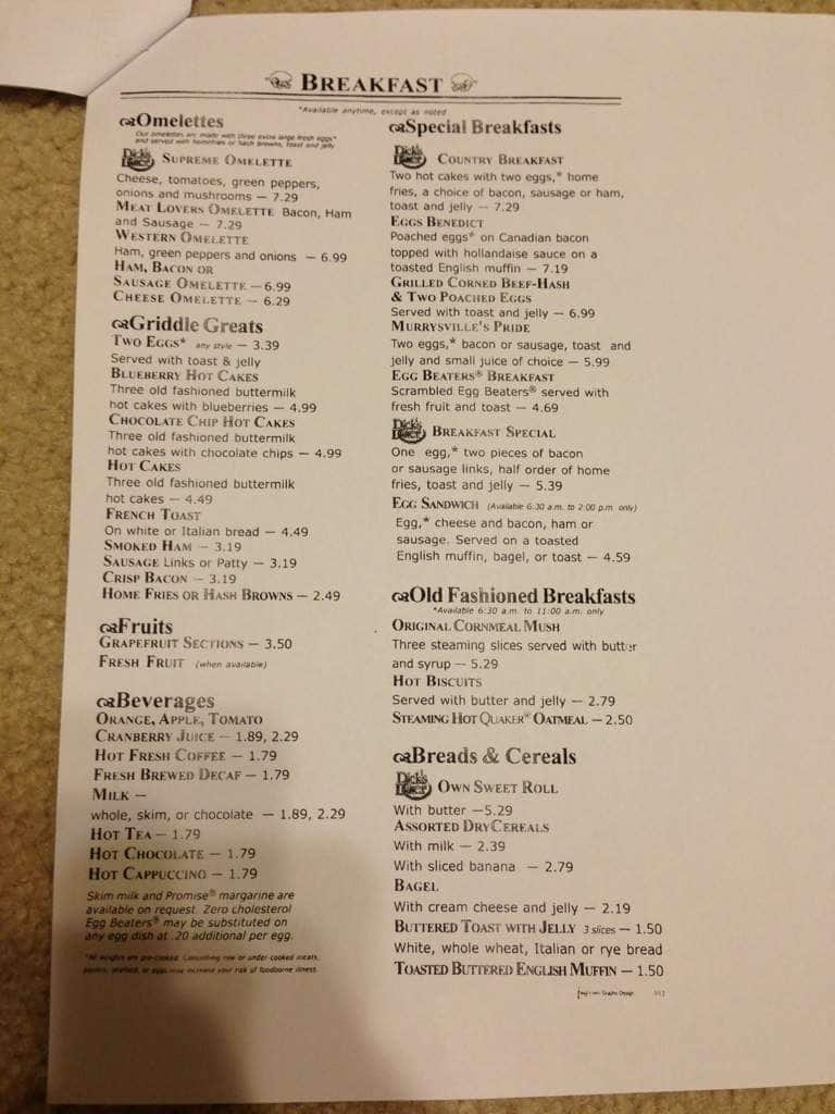 Menu at Dick's Diner restaurant, Murrysville