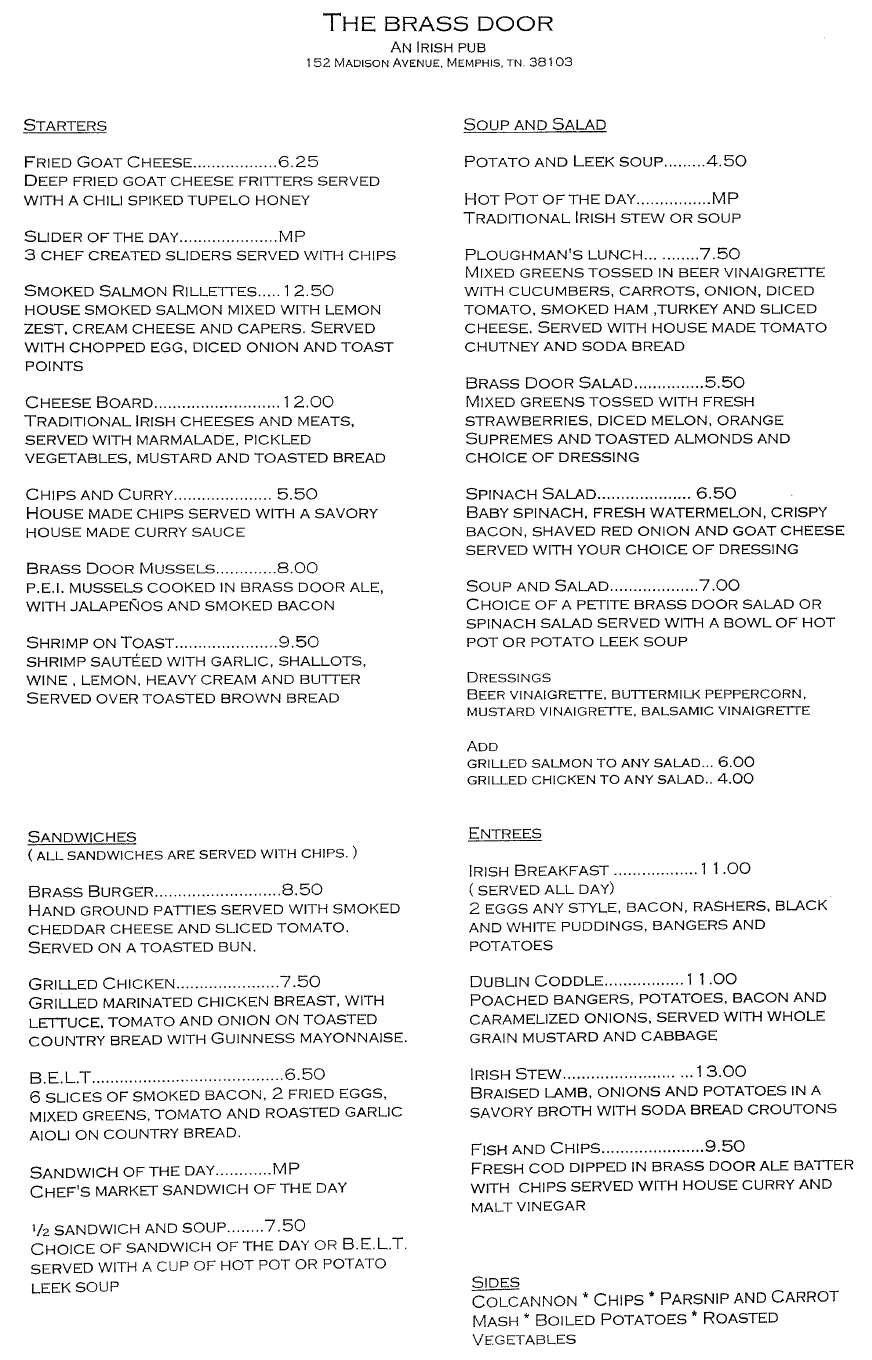 The Brass Door Menu Menu For The Brass Door Downtown Memphis