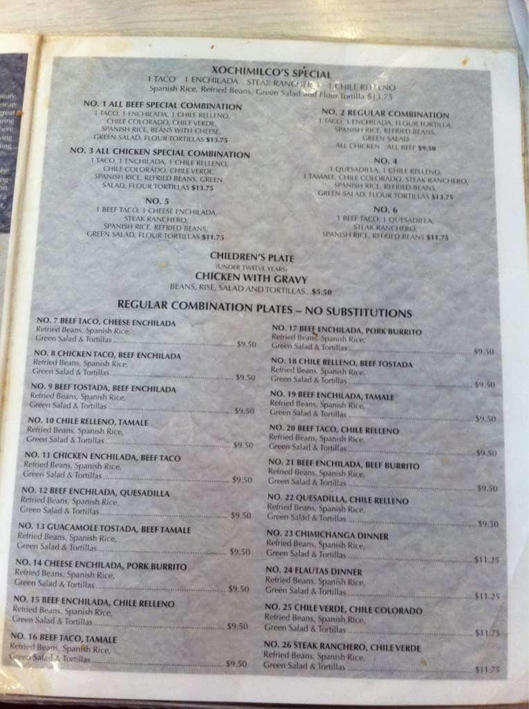 Menu at Xochimilco restaurant, Stockton