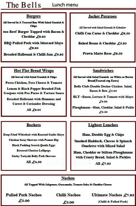 Menu Of The Bells Staines London