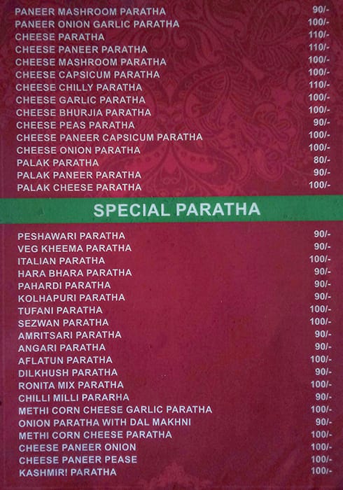 Hotel Ronita Paratha menu