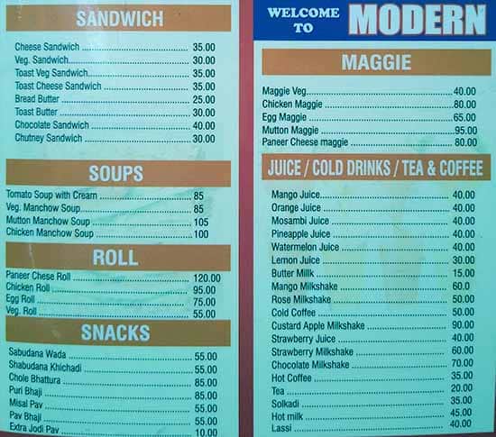 Modern Lunch Home menu