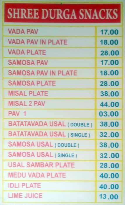 Shri Durga Snacks menu