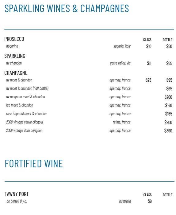 Menu at Aer Bar, Melbourne, 120 Exhibition St