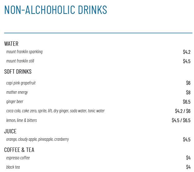 Menu at Aer Bar, Melbourne, 120 Exhibition St