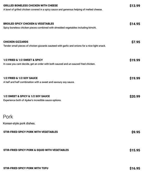 Menu at Ajuker Fried Chicken desserts, Coquitlam