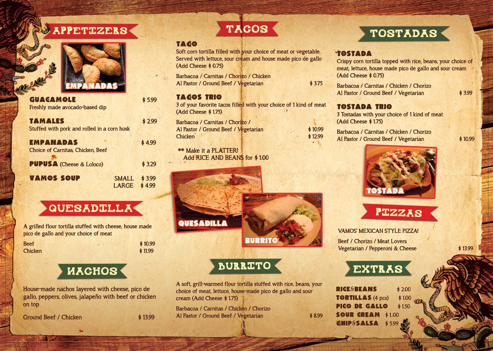 Vamos Tacos menu.