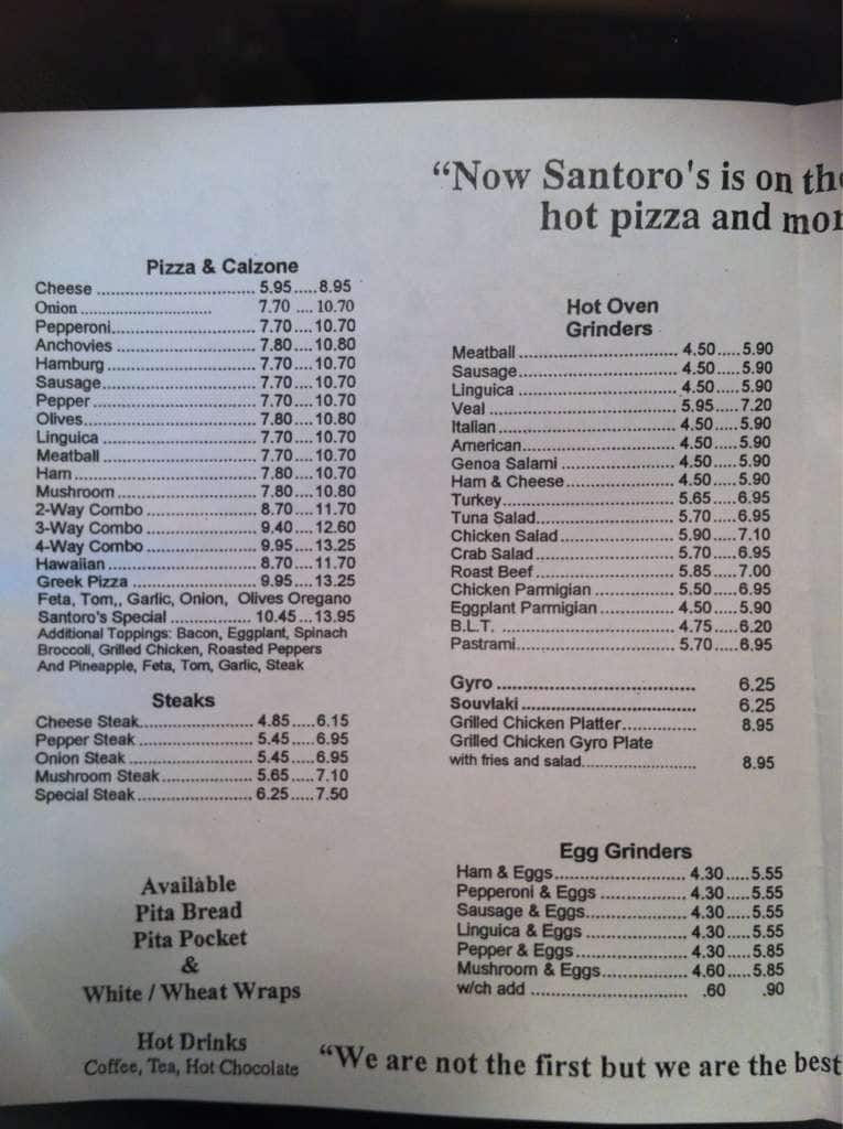 Menu at Santoro's Pizza pizzeria, North Providence