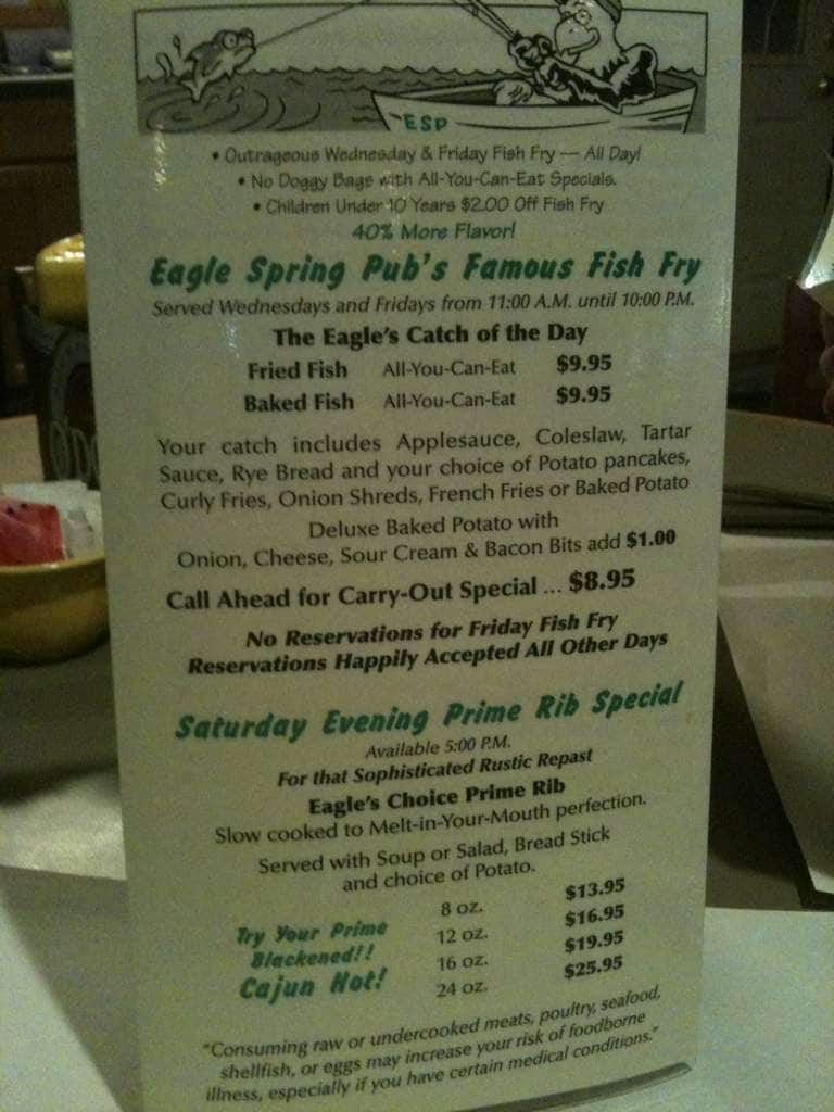 Menu at Eagle Springs Pub, Eagle, W345S10463 County Rd E